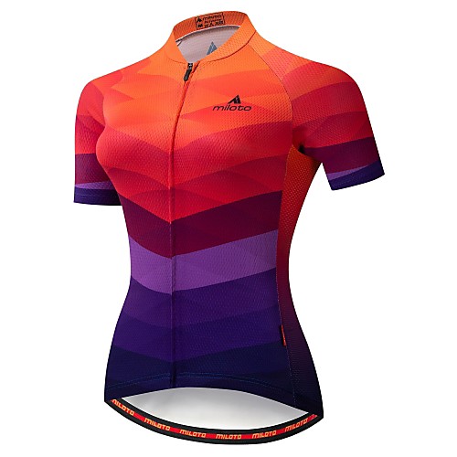 

Miloto Women's Short Sleeve Cycling Jersey Winter Summer Polyester BlueOrange Gradient Bike Jersey Moisture Wicking Reflective Strips Back Pocket Sports Patterned Mountain Bike MTB Clothing Apparel