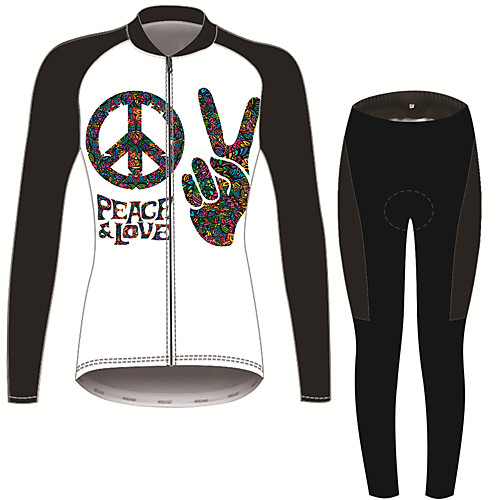 

21Grams Peace & Love Women's Long Sleeve Cycling Jersey with Tights - BlackWhite Bike Clothing Suit Thermal Warm Anatomic Design Ultraviolet Resistant Sports Winter Fleece Terylene Polyester Taffeta