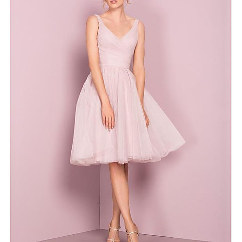 

A-Line V Neck Knee Length Tulle Bridesmaid Dress with Pleats