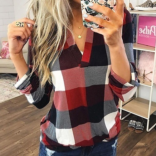 

Women's Plus Size Blouse Shirt Plaid Check Long Sleeve V Neck Tops Blue Red Gray