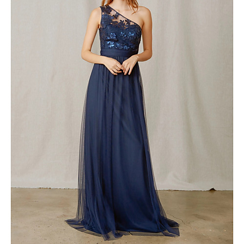 

A-Line One Shoulder Floor Length Chiffon / Tulle Bridesmaid Dress with Appliques