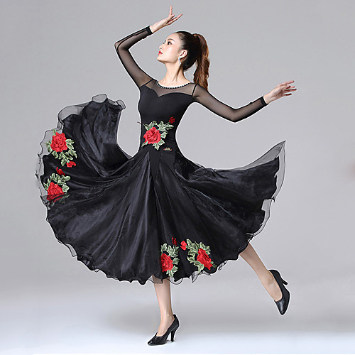 

Ballroom Dance Dress Embroidery Split Joint Crystals / Rhinestones Women's Training Performance Long Sleeve Chinlon Mesh Spandex
