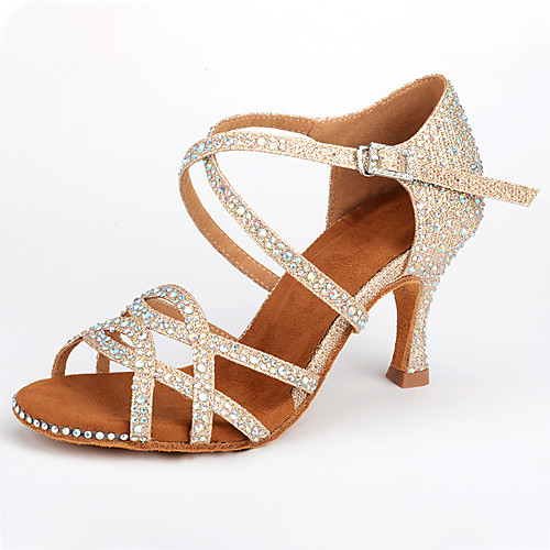 

Women's Latin Shoes Heel Flared Heel Synthetics Sparkling Glitter Buckle Crystal / Rhinestone Gold / Practice