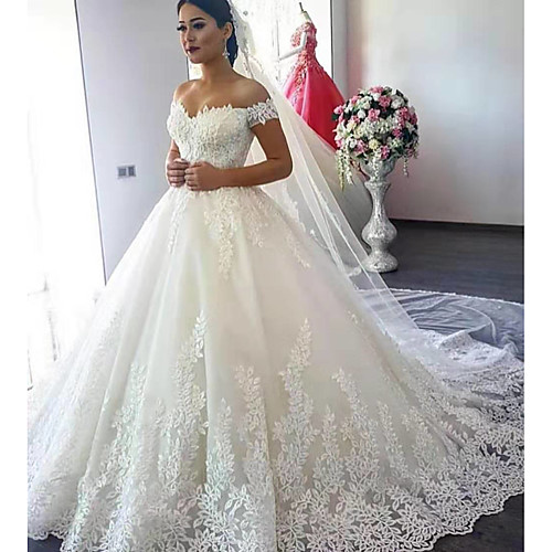 

Ball Gown Wedding Dresses Off Shoulder Court Train Lace Short Sleeve Formal Sparkle & Shine with Appliques 2021