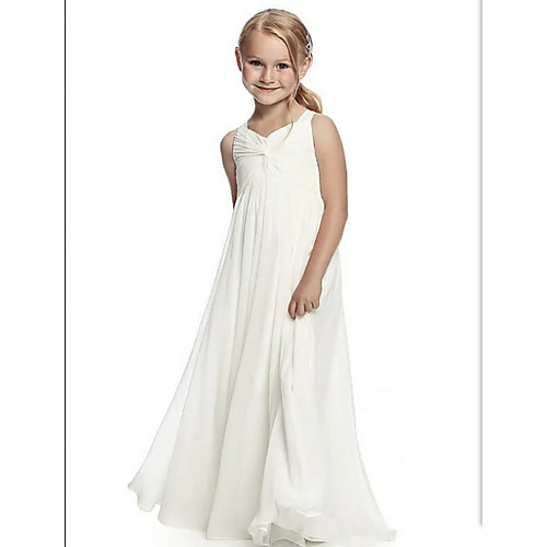 

A-Line Floor Length Junior Bridesmaid Dress Wedding Chiffon Sleeveless Round Neck with Side Draping / First Communion