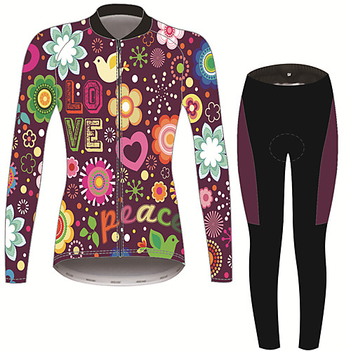 

21Grams Floral Botanical Women's Long Sleeve Cycling Jersey with Tights - Violet Bike Clothing Suit Thermal / Warm Breathable Quick Dry Sports Winter Fleece Terylene Polyester Taffeta Mountain Bike