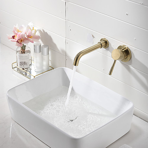 

Wall Mounted Bathroom Sink Faucet,Golden Widespread Single Handle Two Holes Bath Taps with Hot/Cold Switch