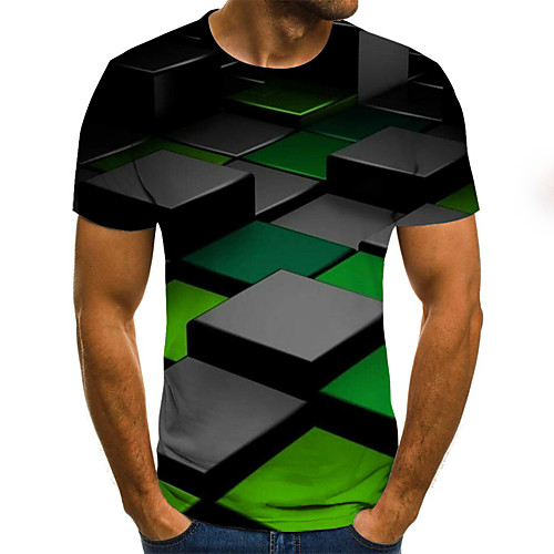

Men's T shirt Color Block Geometric 3D Plus Size Pleated Print Short Sleeve Weekend Tops Streetwear Green