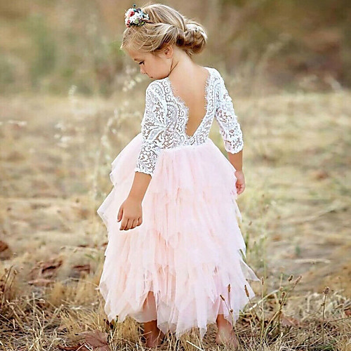 

Princess Floor Length Flower Girl Dresses Party Lace Long Sleeve Jewel Neck with Bow(s)