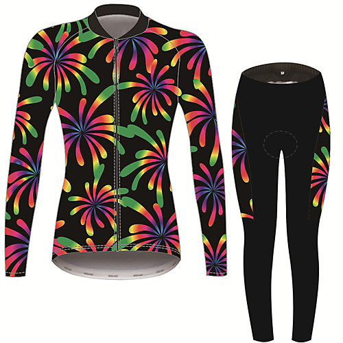 

21Grams Floral Botanical Women's Long Sleeve Cycling Jersey with Tights - Black / Red Bike Clothing Suit Thermal Warm Anatomic Design Ultraviolet Resistant Sports Winter Fleece Terylene Polyester