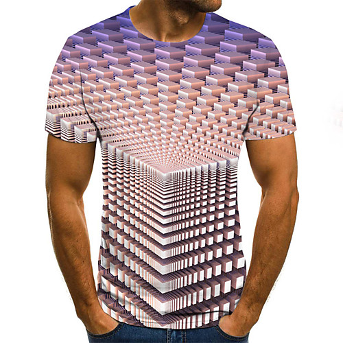 

Men's T shirt Graphic Geometric 3D Plus Size Pleated Print Short Sleeve Weekend Tops Streetwear Purple