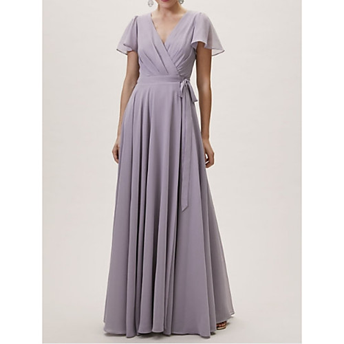 

A-Line V Neck Floor Length Chiffon / Lace Bridesmaid Dress with Sash / Ribbon / Pleats