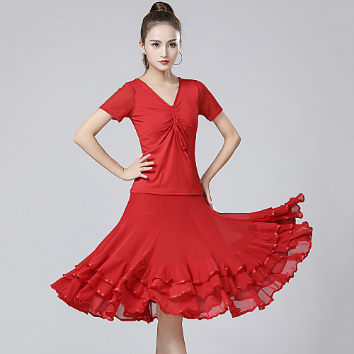 

Latin Dance Skirts Cascading Ruffles Ruching Women's Training Performance Short Sleeve Natural Mesh Milk Fiber