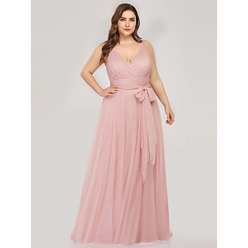 

A-Line V Neck Floor Length Tulle Bridesmaid Dress with Bow(s) / Ruching / Bandage / Open Back