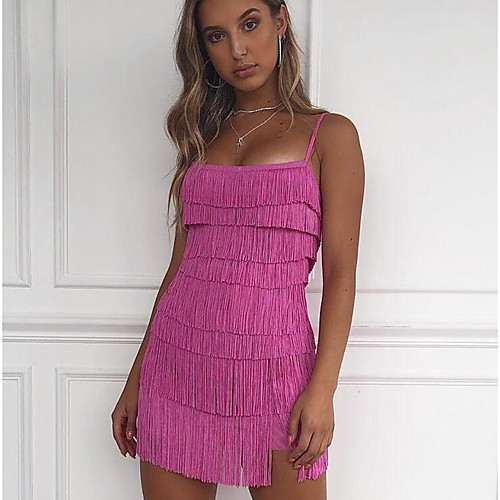 

Women's Mini Bodycon Dress - Sleeveless Solid Colored Tassel Fringe Strap Elegant Party Slim White Black Blushing Pink S M L