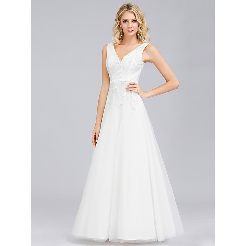 

A-Line Elegant Formal Evening Dress V Neck Sleeveless Floor Length Lace Tulle with 2021