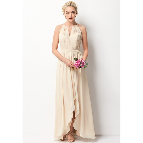 

A-Line Halter Neck Floor Length Chiffon Bridesmaid Dress with Sash / Ribbon / Split Front