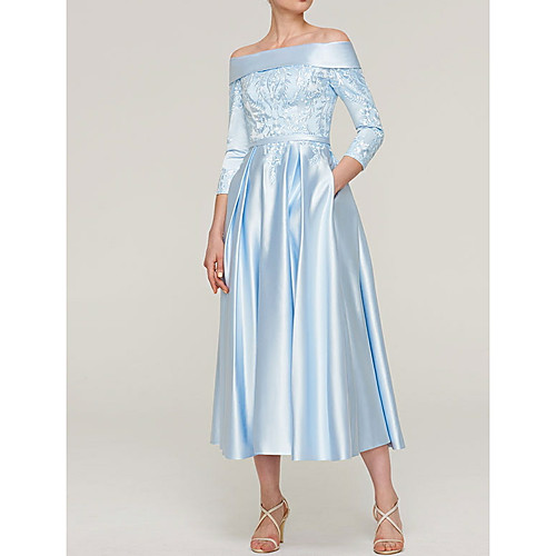 

A-Line Mother of the Bride Dress Plus Size Off Shoulder Tea Length Satin 3/4 Length Sleeve with Appliques 2021