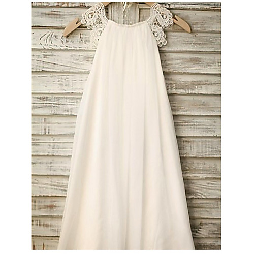 

A-Line Tea Length Flower Girl Dresses Wedding Chiffon Sleeveless Jewel Neck with Lace / Holiday