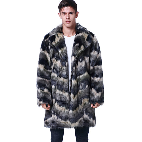 

Men's Faux Fur Coat Daily Fall Winter Long Coat Regular Fit Basic Streetwear Jacket Long Sleeve Striped Blue / Club