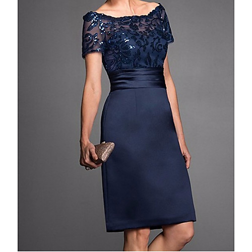 

A-Line Mother of the Bride Dress Elegant & Luxurious Off Shoulder Knee Length Lace Satin Sequined Short Sleeve with Sash / Ribbon Appliques 2021