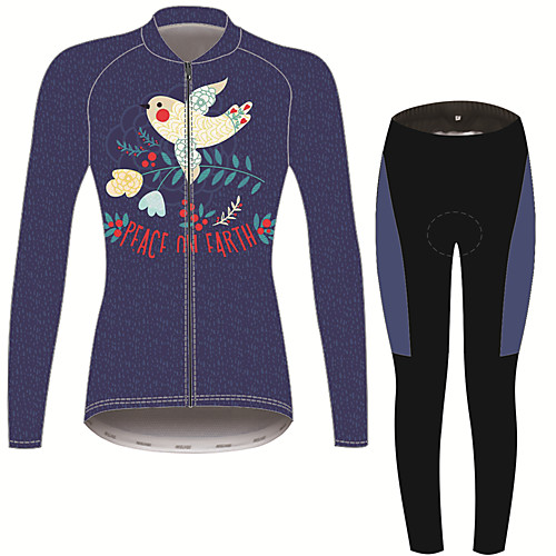 

21Grams Peace & Love Women's Long Sleeve Cycling Jersey with Tights - Black / Blue Bike Clothing Suit Thermal Warm Anatomic Design Ultraviolet Resistant Sports Winter Fleece Terylene Polyester Taffeta