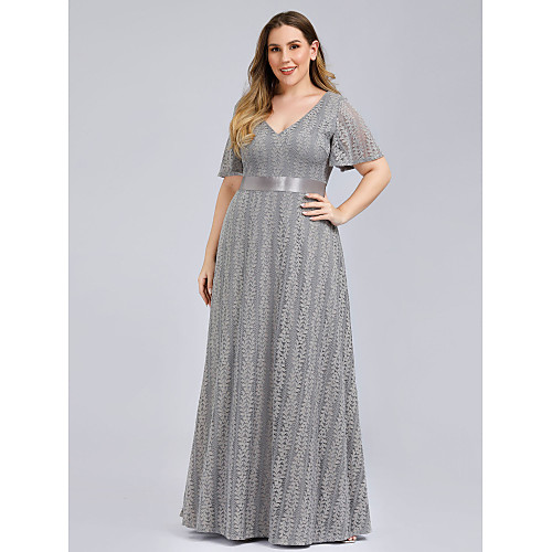 

A-Line Plus Size Wedding Guest Formal Evening Dress V Neck Short Sleeve Floor Length Lace with Lace Insert Pattern / Print 2021