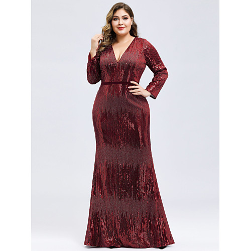 

Mermaid / Trumpet Plus Size Elegant Formal Evening Dress Plunging Neck Long Sleeve Floor Length Sequined with Sequin 2021