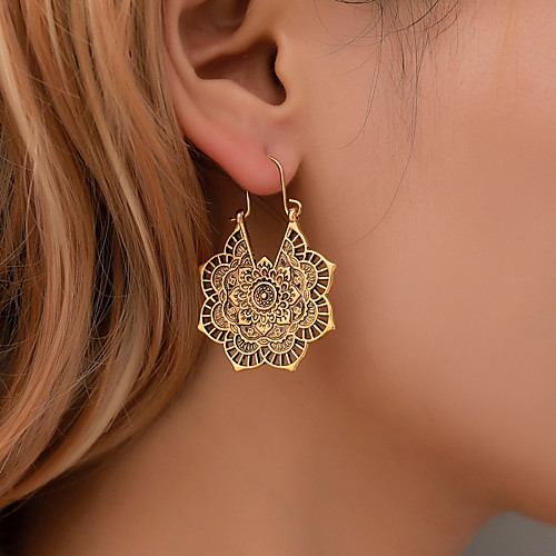 

vintage mandala flower drop dangle earring for women girl tribal hollow floral pendant earrings (gold)