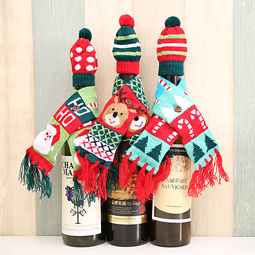 

Christmas Party Scarf Hat Knitted Red Wine Bottle Decoration Novelty Scarf Bear Tassel Santa Claus Hat For Home Christmas Decorations 3pcs