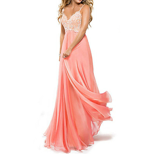 

A-Line Beautiful Back Prom Dress Spaghetti Strap Sleeveless Floor Length Chiffon Lace with Appliques 2021
