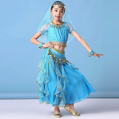 

Belly Dance Kids' Dancewear Skirts Gold Coin Tassel Cascading Ruffles Girls' Training Performance Short Sleeve Natural Mesh Chiffon