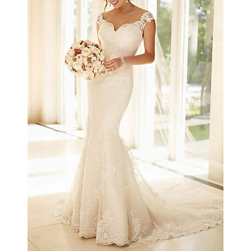 

Mermaid / Trumpet Wedding Dresses V Neck Sweep / Brush Train Lace Regular Straps Glamorous Sexy Sparkle & Shine with Buttons Appliques 2021