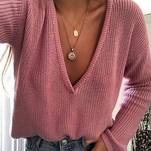 

Women's Solid Colored Pullover Long Sleeve Sweater Cardigans V Neck Blue Yellow Blushing Pink