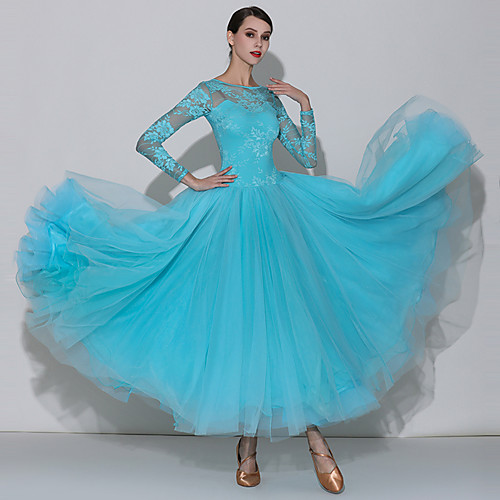 

Ballroom Dance Dress Lace Ruching Split Joint Women's Training Performance Valentine's Day Long Sleeve High Lace Georgette