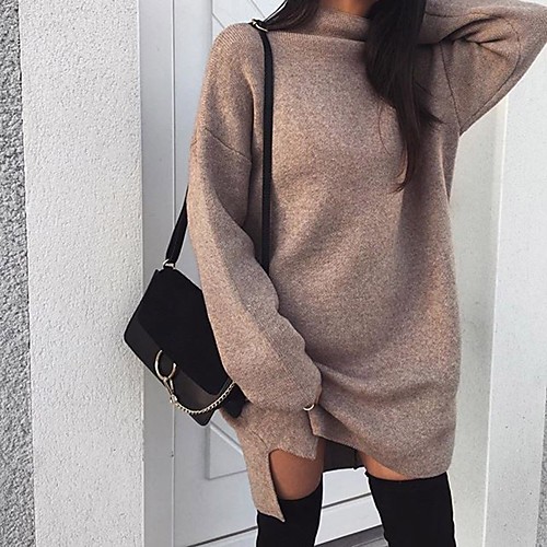 

Women's Sweater Dress - Long Sleeve Solid Colored Crew Neck Basic Daily Black Purple Blushing Pink Khaki Gray S M L XL XXL