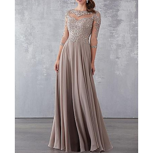 

A-Line Mother of the Bride Dress Elegant See Through Jewel Neck Floor Length Chiffon Lace 3/4 Length Sleeve with Draping Appliques 2021