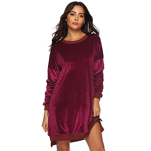 

Women's Shift Dress Knee Length Dress Wine Long Sleeve Solid Color Patchwork Fall Winter Round Neck Casual Loose 2021 S M L XL XXL