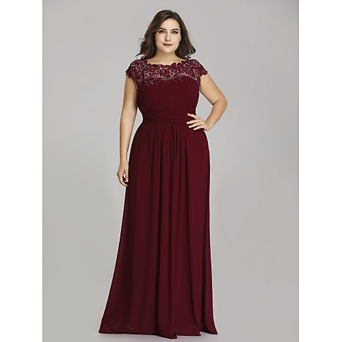 

A-Line Mother of the Bride Dress Plus Size Jewel Neck Floor Length Chiffon Short Sleeve with Lace Ruching 2021