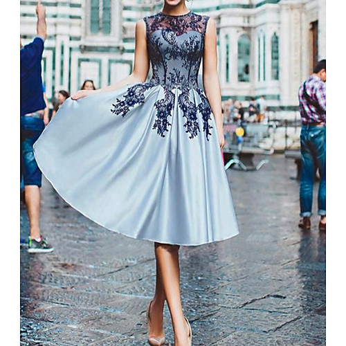 

A-Line Floral Cocktail Party Prom Dress Illusion Neck Sleeveless Knee Length Lace Satin with Appliques 2021