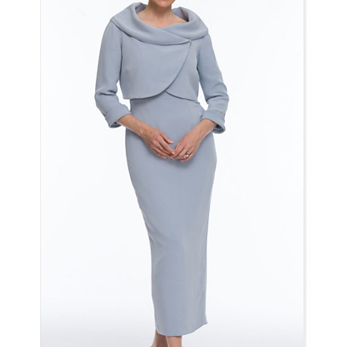 

Two Piece Mother of the Bride Dress Wrap Included Jewel Neck Ankle Length Jersey 3/4 Length Sleeve with Ruching 2021