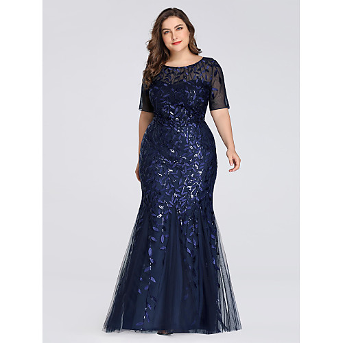 

Mermaid / Trumpet Plus Size Wedding Guest Formal Evening Dress Jewel Neck Short Sleeve Floor Length Tulle with Sequin Appliques 2021 / Illusion Sleeve