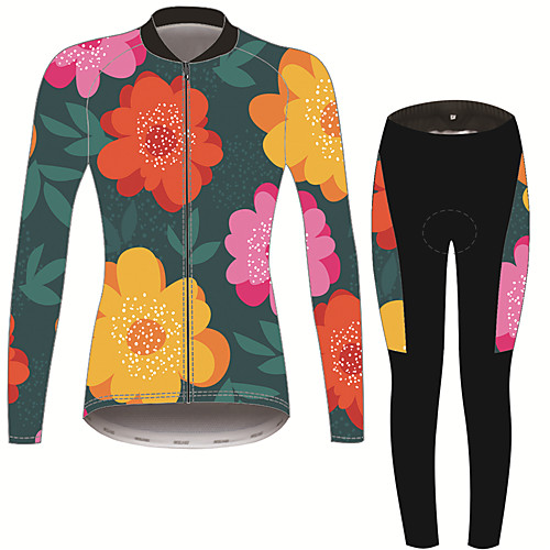 

21Grams Floral Botanical Women's Long Sleeve Cycling Jersey with Tights - Black / Green Bike Clothing Suit Thermal Warm Anatomic Design Ultraviolet Resistant Sports Winter Fleece Terylene Polyester