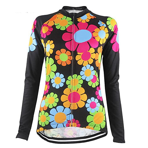 

21Grams Floral Botanical Women's Long Sleeve Cycling Jersey - Black / Red Bike Jersey Top Thermal Warm UV Resistant Anatomic Design Sports Winter Fleece 100% Polyester Mountain Bike MTB Road Bike