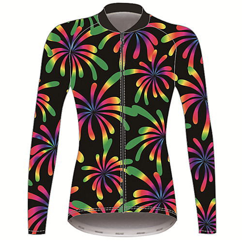 

21Grams Floral Botanical Women's Long Sleeve Cycling Jersey - Black / Orange Bike Jersey Top Thermal Warm UV Resistant Anatomic Design Sports Winter Fleece 100% Polyester Mountain Bike MTB Road Bike