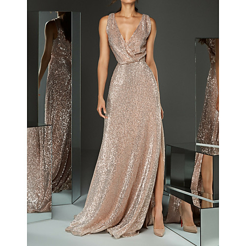 

A-Line Sparkle & Shine Formal Evening Dress Plunging Neck Sleeveless Sweep / Brush Train Sequined with Sequin Split Front 2021