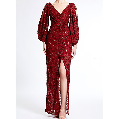 

Sheath / Column Elegant Formal Evening Dress V Neck Long Sleeve Floor Length Sequined with Split Front 2021