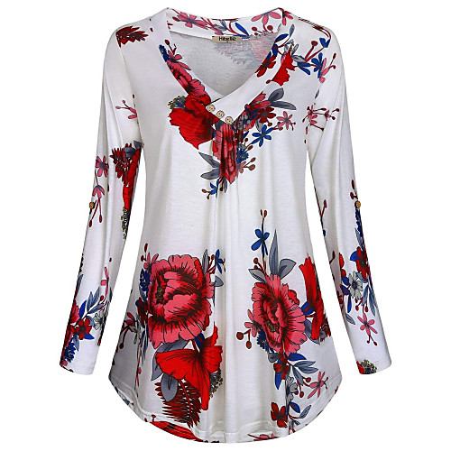 

Women's T shirt Floral Plus Size Long Sleeve Daily Tops White Black Blue