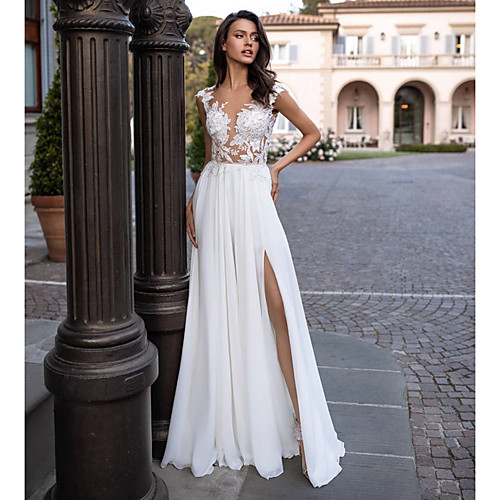 

A-Line Wedding Dresses V Neck Sweep / Brush Train Chiffon Lace Regular Straps Beach Sexy Illusion Detail Backless with Appliques Split Front 2021