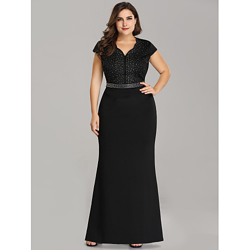 

Mermaid / Trumpet Plus Size Wedding Guest Formal Evening Dress Scalloped Neckline Short Sleeve Floor Length Polyester with Beading Sequin 2021